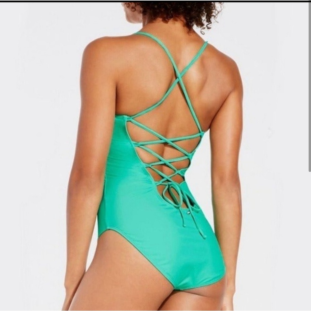 Fabletics teal Liza tie back one piece swimsuit size XS NWOT